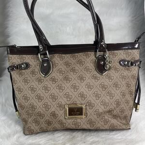 Guess Reama Signature Print Logo Brown Classic Tote Shoulder Bag Purse